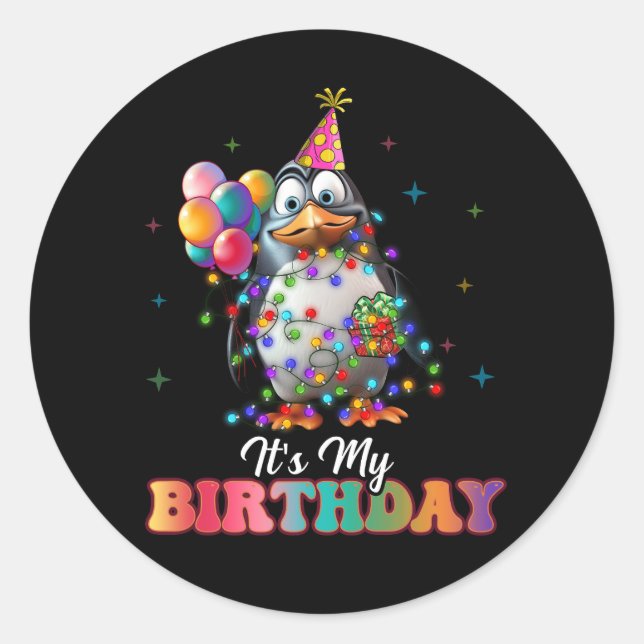 Sticker Rond C'est mon Anniversaire Pingouin Noël Light Anim (Devant)