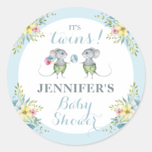 Sticker Rond C'est Twins Blue Floral Boy & Boy Baby shower