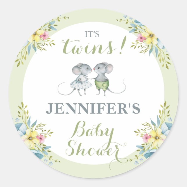 Sticker Rond C'est Twins Green Floral Boy & Girl Baby shower I (Devant)