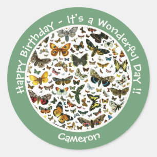 Sticker Rond C'est un anniversaire papillon, collage d'objets p