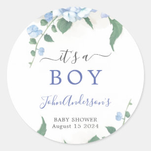 Sticker Rond C'est un Baby shower botanique d'Hydrangée Bleue G