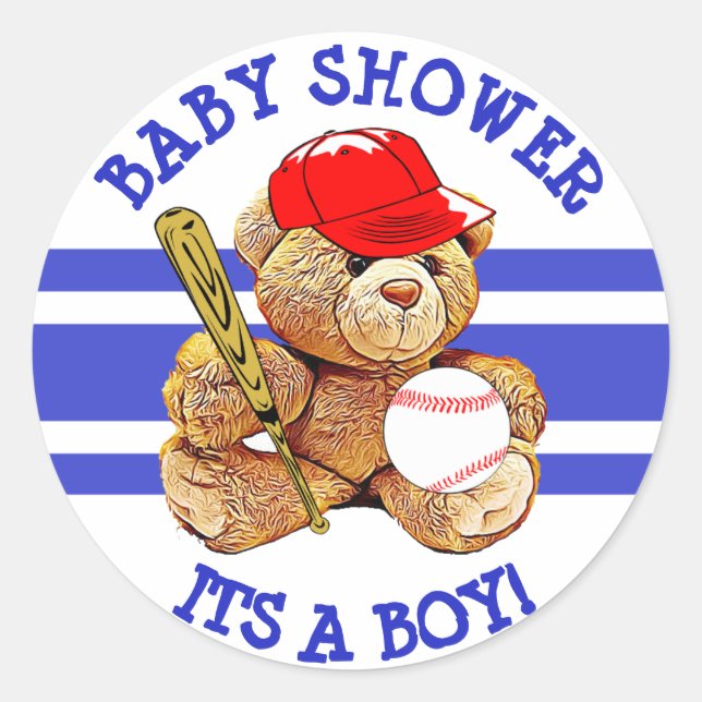 Sticker Rond C'est un garçon Baby shower Baseball Teddy Bear St (Devant)