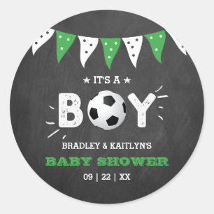 Sticker Rond C'est un garçon ! Baby shower Co-ed À Thème Footba