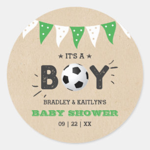 Sticker Rond C'est un garçon ! Baby shower Co-ed À Thème Footba