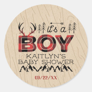 Sticker Rond C'est un garçon ! Baby shower de bûcheron rustique