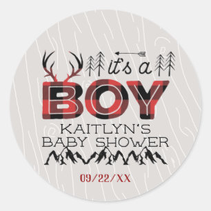 Sticker Rond C'est un garçon ! Baby shower de bûcheron rustique