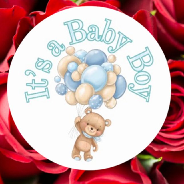 Sticker Rond C'est un garçon Baby shower d'ours (Celebrate your baby boy with our adorable bear baby shower sticker.)