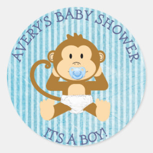 Sticker Rond C'est un Garçon, Baby shower singe Bleu autocollan