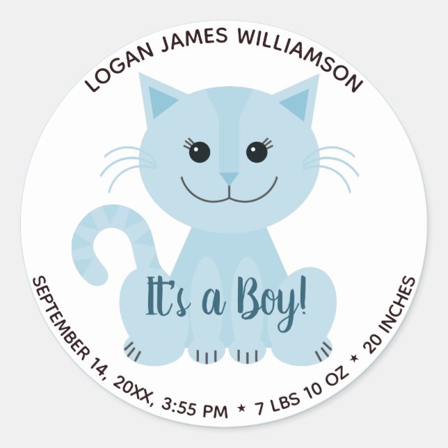 Sticker Rond C'est un garçon mignon Bleu Chat Kitten Bébé Stati (Devant)
