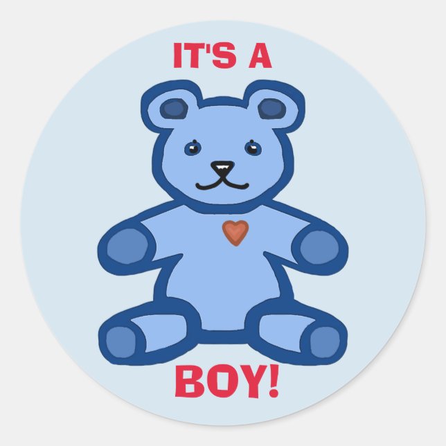 Sticker Rond C'est un garçon ours en peluche bleu bébé (Devant)