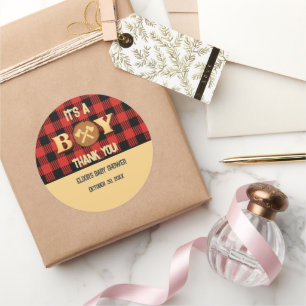 Sticker Rond C'est un garçon Rustic Lumberjack Flannel Baby sho