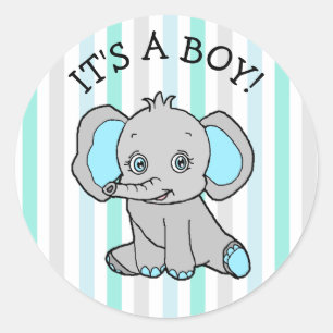 Sticker Rond C'est un garçon, un éléphant bleu, des étoiles, de