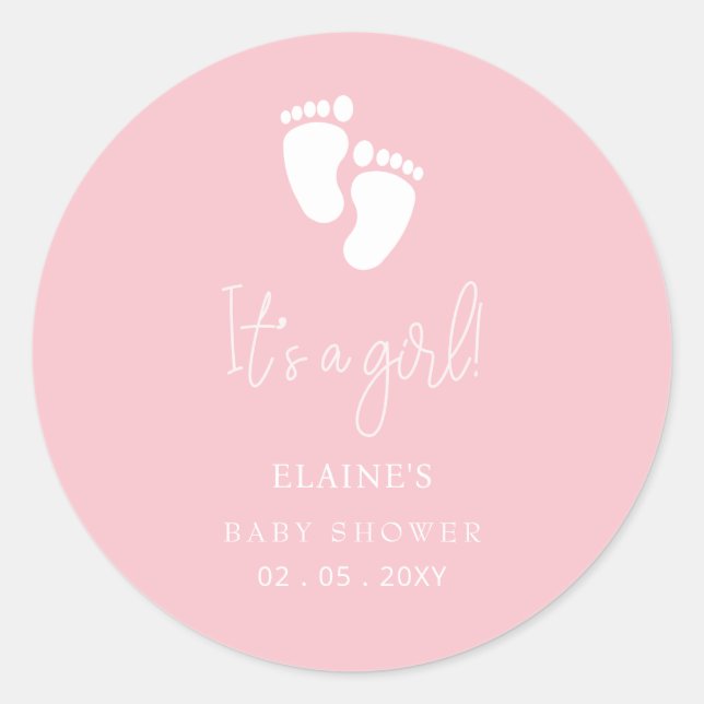 Sticker Rond C'est une fille Baby Footprint Baby shower rose mi (Devant)