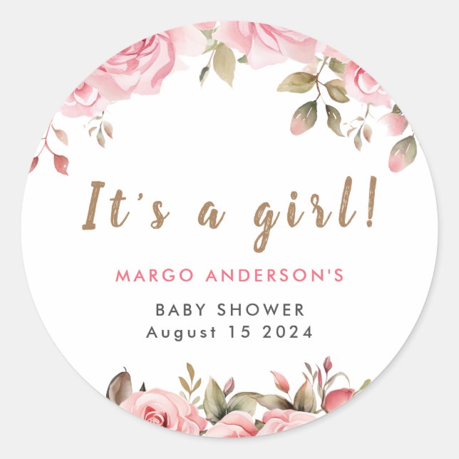 Sticker Rond C'est une fille ! Baby shower d'aquarelle rose (Devant)