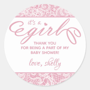 Sticker Rond C'est une fille ! Baby shower en dentelle rose et 