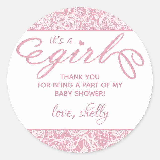Sticker Rond C'est une fille ! Baby shower en dentelle rose et  (Devant)