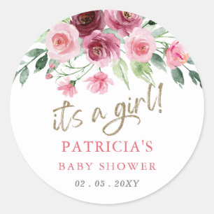 Sticker Rond C'est une fille Baby shower Floral rose Bourgogne 