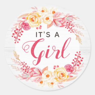Sticker Rond C'est une fille Baby Shower Shabby Chic Rustique F