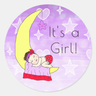 Sticker Rond C'est une fille, Bébé fille sur la lune Purple Bru