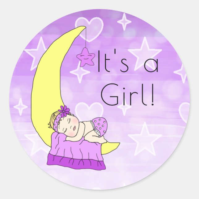 Sticker Rond C'est une fille, bébé fille sur la lune violette (Devant)