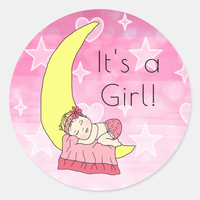 Sticker Rond C'est une fille, Bébé fille sur Lune rose (Devant)
