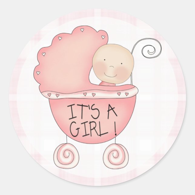 Sticker Rond C'est une fille ! Faire-part Buggy pour bébé rose (Devant)