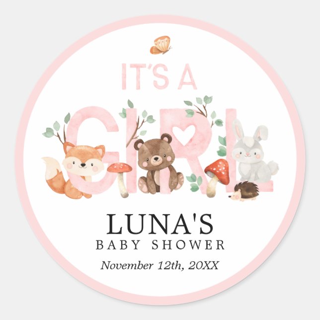 Sticker Rond C'est une fille Woodland Baby shower rose classiqu (Devant)