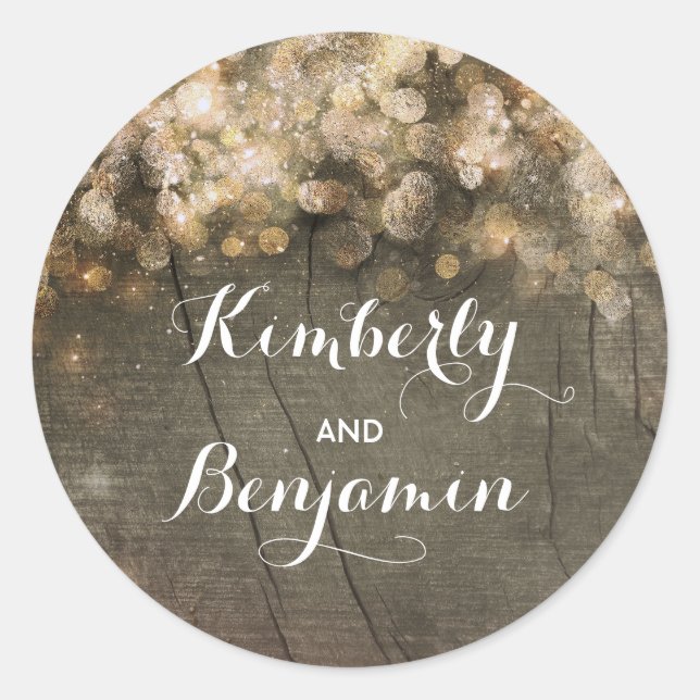 Sticker Rond Chaîne D'Or Des Lumières Mariage De Grange Rustiqu (Devant)