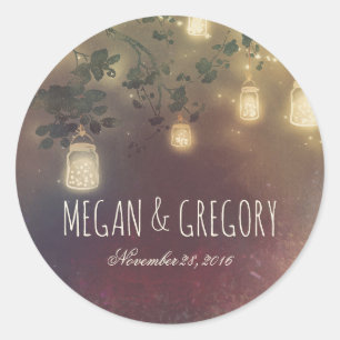 Sticker Rond Chaîne Mason Jar Lumières Branches Mariage rustiqu