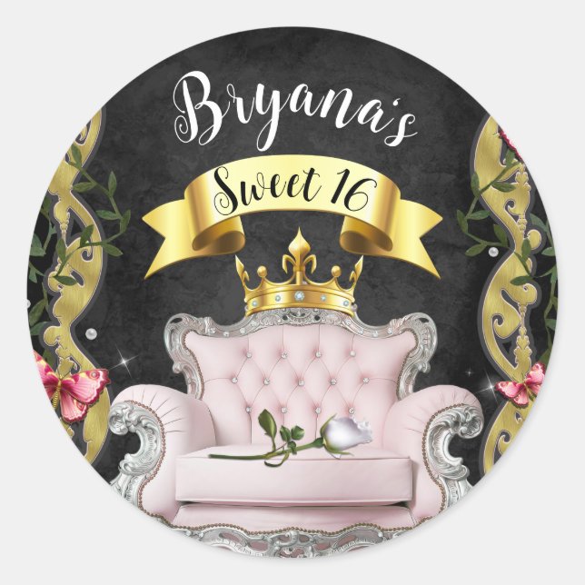 Sticker Rond Chaise Princesse Rose Roses & papillons Sweet 16 (Devant)