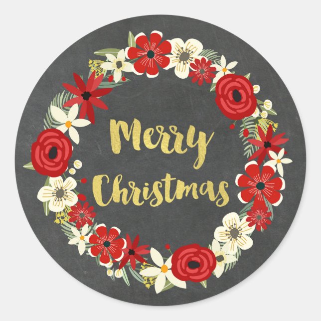 Sticker Rond Chalboard Rouge Floral Wreath Or Noël (Devant)