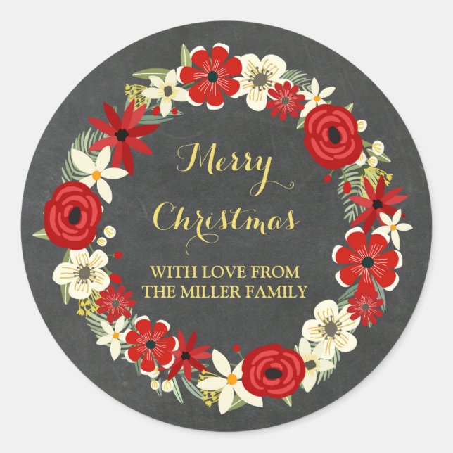 Sticker Rond Chalboard Rouge Floral Wreath Or Noël (Devant)