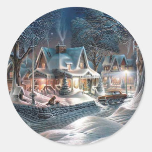 Sticker Rond Chalet Noël hiver