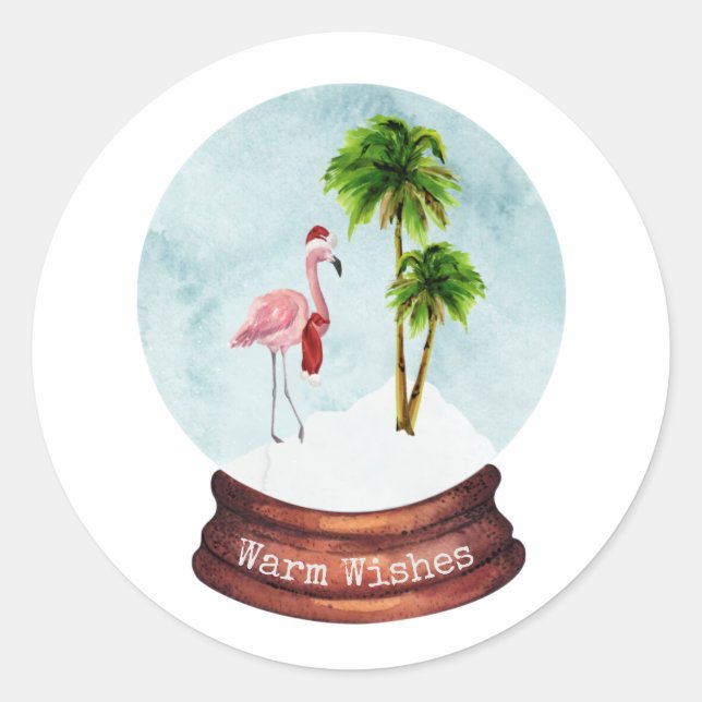 Sticker Rond Chaleureux Flamants roses Palmiers Globe De Neige (Devant)