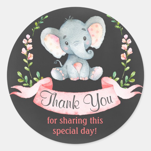 Sticker Rond Chalkboard Aquarelle Elephant Girl Merci (Devant)