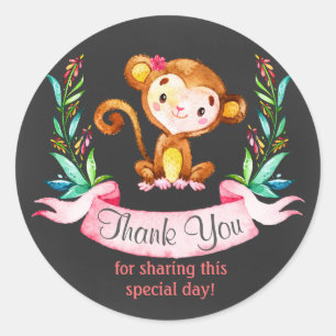 Sticker Rond Chalkboard Aquarelle Singe Fille Merci