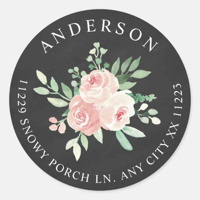 Sticker Rond Chalkboard Blush Pink Floral adresse de retour (Devant)