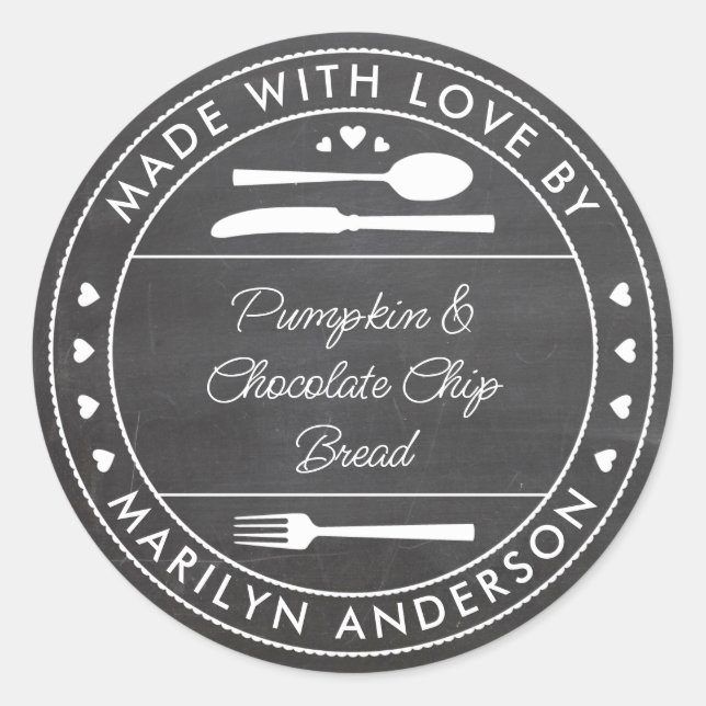 Sticker Rond Chalkboard Fabriqué Avec Amour Alimentation Cadeau (Devant)