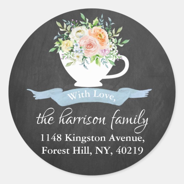 Sticker Rond Chalkboard Floral Tea Adresse de retour (Devant)