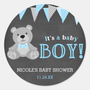 Sticker Rond Chalkboard Gris Teddy Bear Baby shower garçon