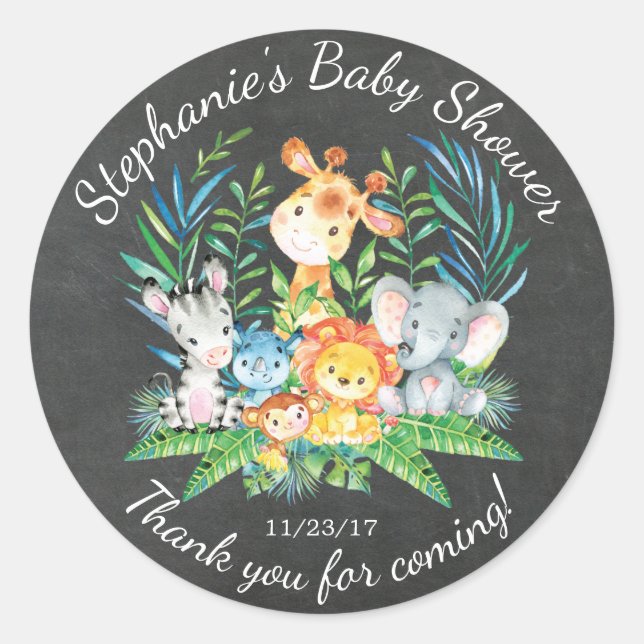 Sticker Rond Chalkboard Jungle Baby shower animal Favoriser Sti (Devant)