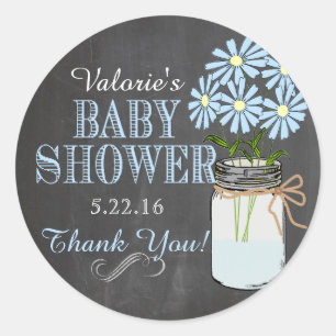 Sticker Rond Chalkboard Look Mason Jar Baby shower Fleurs Bleue