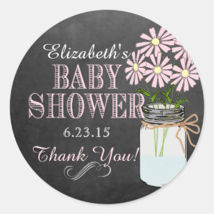 Sticker Rond Chalkboard Look Mason Jar Baby shower Fleurs roses