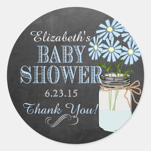 Sticker Rond Chalkboard Mason Jar Blue Boy Baby shower (Devant)
