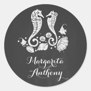 Sticker Rond Chalkboard Seahorses Beach Wedding