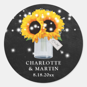 Sticker Rond Chalkboard Sunflower Mason Jar Monogramme Mariage