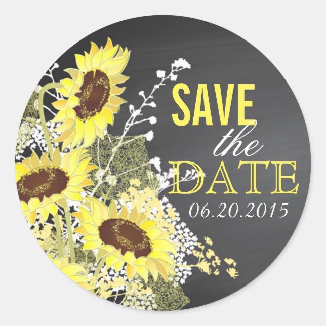 Sticker Rond Chalkboard Sunflower Rustic Enregistrer la date Ét (Devant)