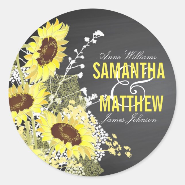 Sticker Rond Chalkboard Sunflower Rustique Mariage Label Cadeau (Devant)