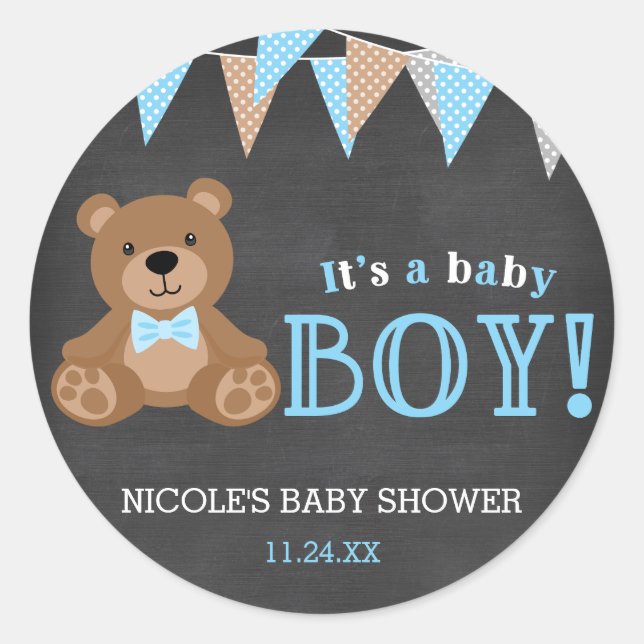 Sticker Rond Chalkboard Teddy Bear Baby shower garçon (Devant)
