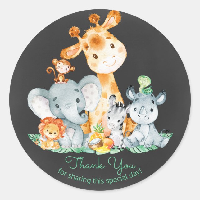 Sticker Rond Chalkboard Watercol Cute Jungle Animaux Merci (Devant)